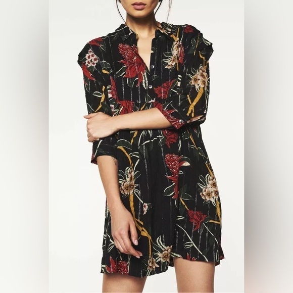 BA&SH Paprika Patty Floral Mini Dress Metallic Stripe Half Sleeve Shift Sz M - Picture 1 of 15